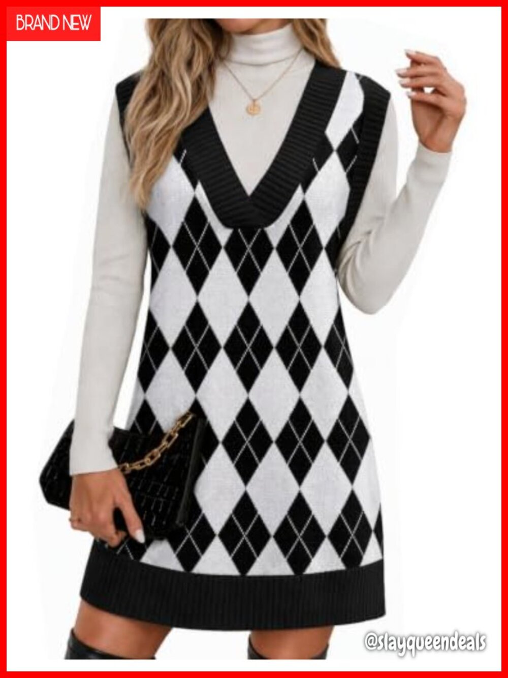 Sleeveless V-Neck Knit Sweater Vest Dress Plaid Mini Oversized